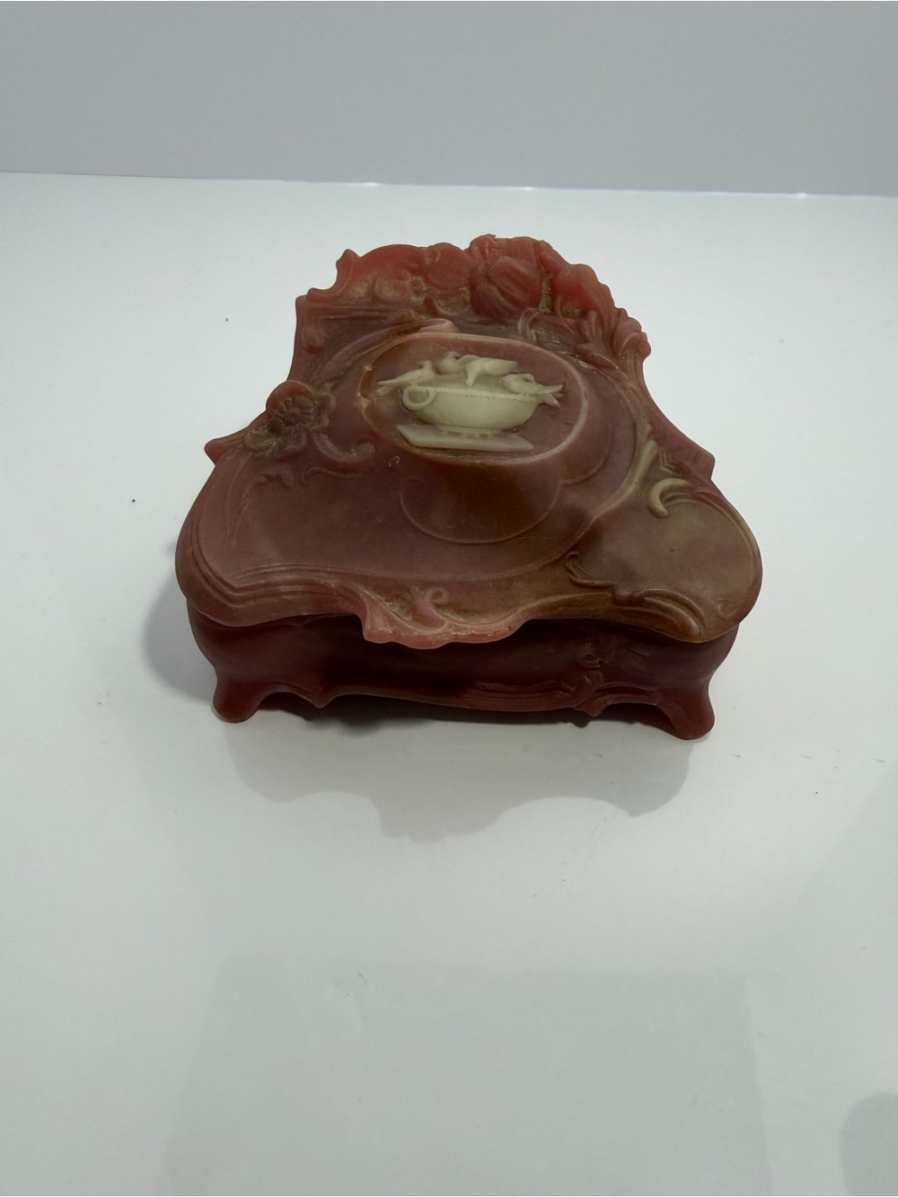 Vintage Genuine Incolay Stone Jewelry Box Pink Cameo Doves Bird Bath USA Made